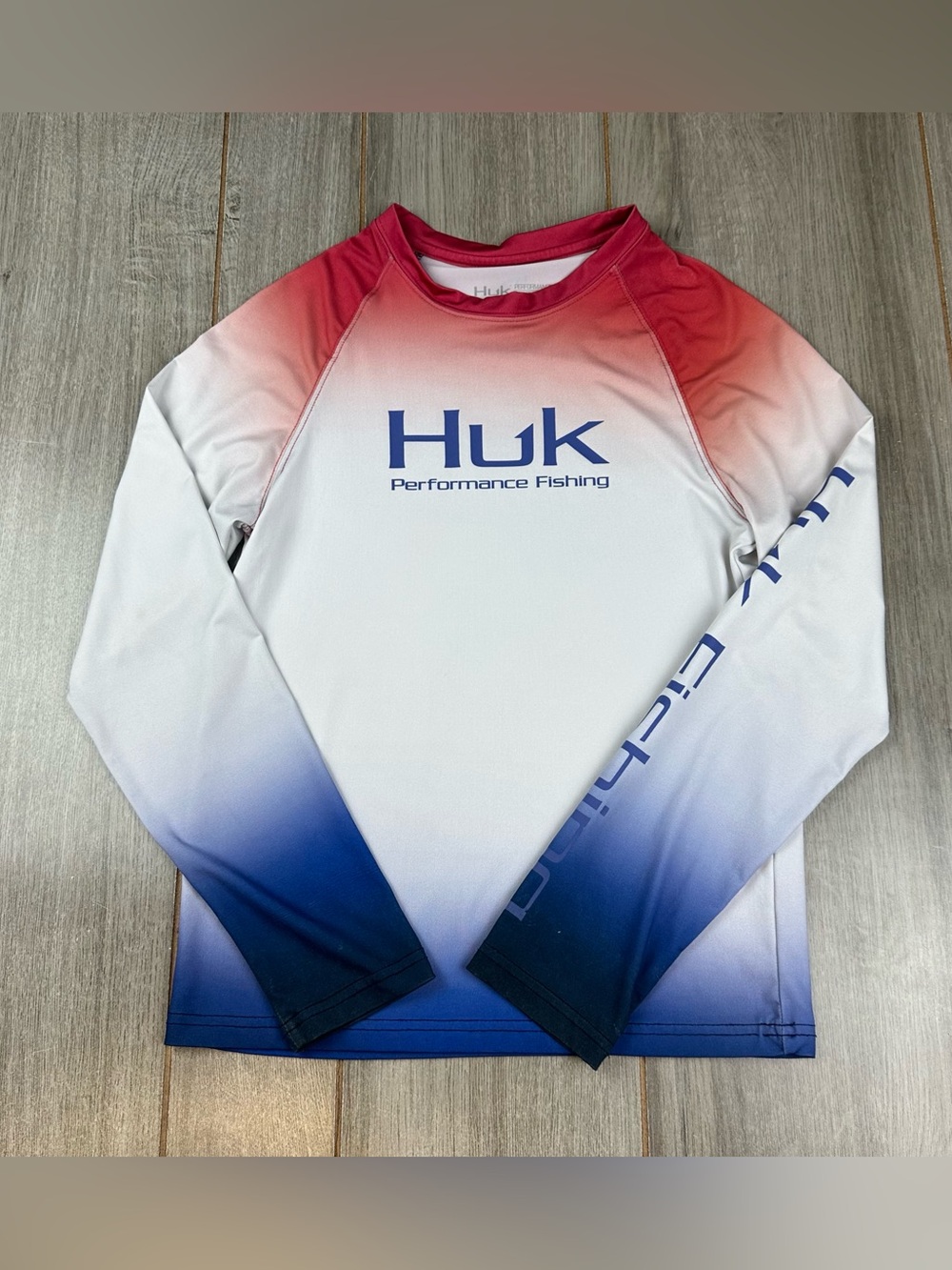 Huk Performance Fishing Shirt Boys Youth L Red White Blue Sun Protection